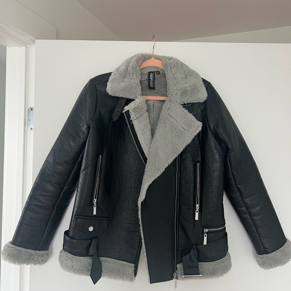 Macy's Black Leather Jacket with Gray Fur Lining